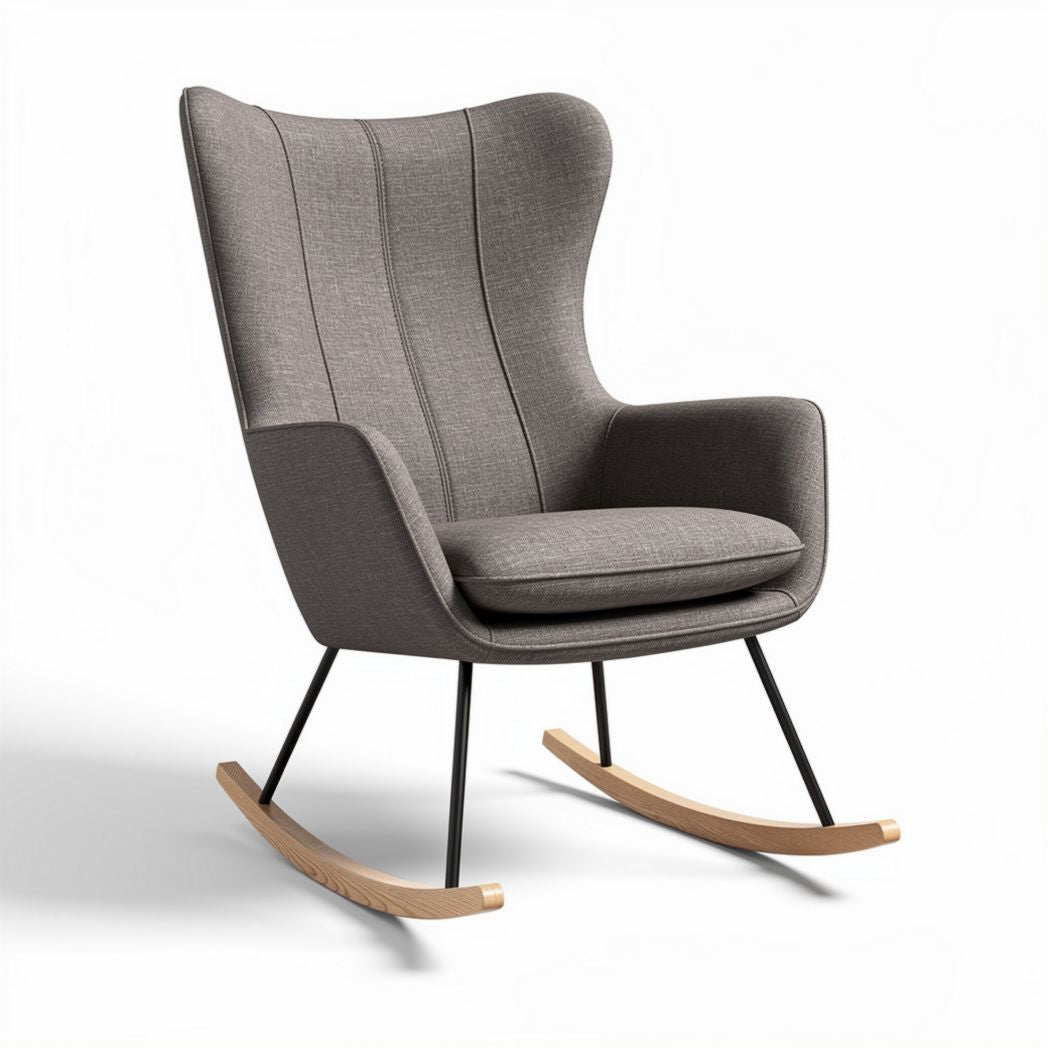 Fauteuil à bascule en tissu gris avec structure en métal et bois 80 x 70 x 100cm