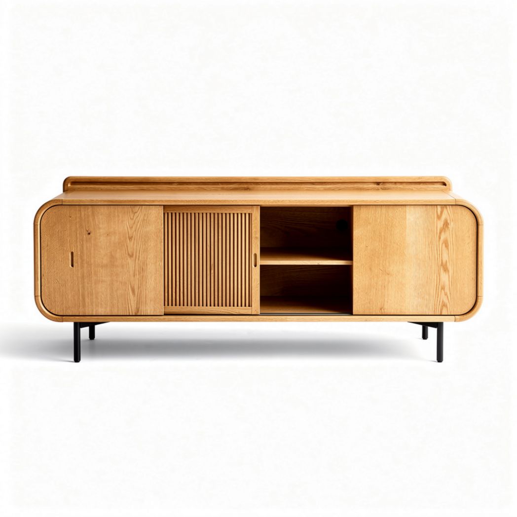 Meuble de télévision en bois de chêne clair avec portes coulissantes 150 x 40 x 60cm