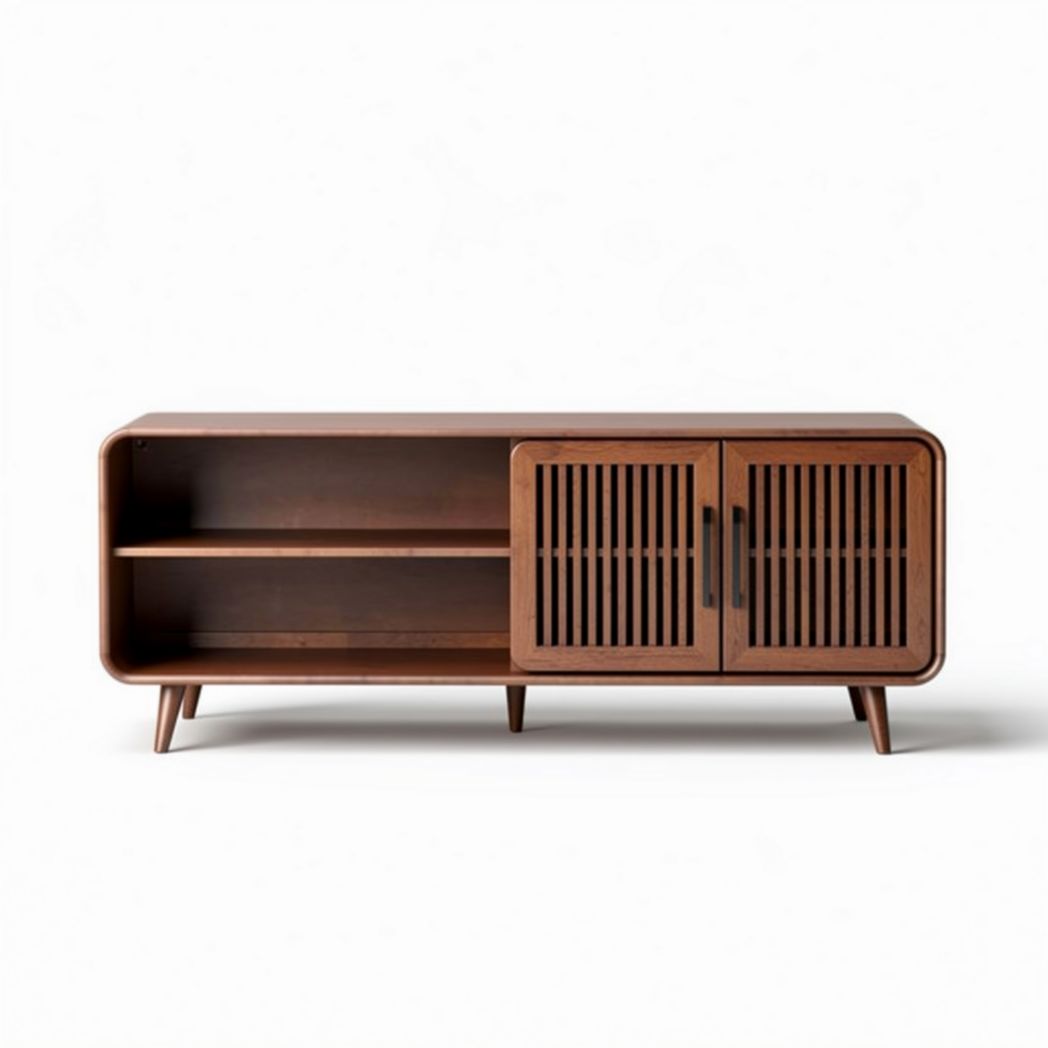 Meuble TV en bois brun 150 x 40 x 50 cm avec portes en lattes